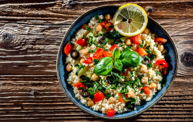 A plate of couscous served with vegetables and chickpeas