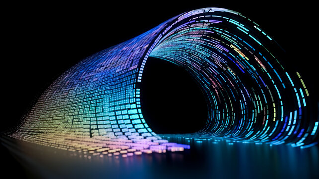 selective focus.hyperloop or warp technology concepts with flow of Digital stream in line multicolor neon.curve swirl shap pattern. digital field and cyberspace.generative ai images