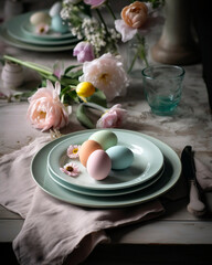 beautifully decorated Easter table setting with pastel-colored plates, napkins, and eggs. Elegant...