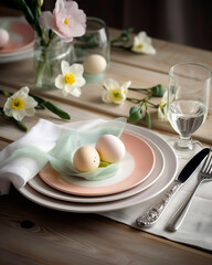 beautifully decorated Easter table setting with pastel-colored plates, napkins, and eggs. Enchanting Easter Table Setting for a Festive Feast