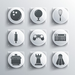 Set Business strategy, Badminton shuttlecock, Music synthesizer, Gamepad, Cooking pot, Rolling pin, Bowling ball and Kitchen whisk icon. Vector