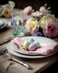 Obraz na płótnie Canvas beautifully decorated Easter table setting with pastel-colored plates, napkins, and eggs. Pastel Perfection A Stunning Easter Table Arrangement