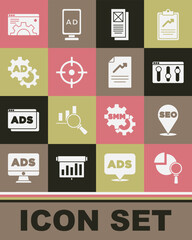 Set Magnifying glass and analysis, SEO optimization, Browser setting, window, Target sport, Advertising, and Document with graph chart icon. Vector