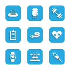 Set Tape measure, Bench with barbel, Doping syringe, Heart rate, Smart watch, Sport training program, Dumbbell and bag icon. Vector