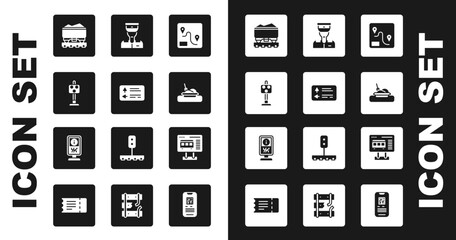 Set Route location, Road traffic signpost, Train light, Coal train wagon, Plate with food, conductor, Ticket office buy tickets and Information stand icon. Vector