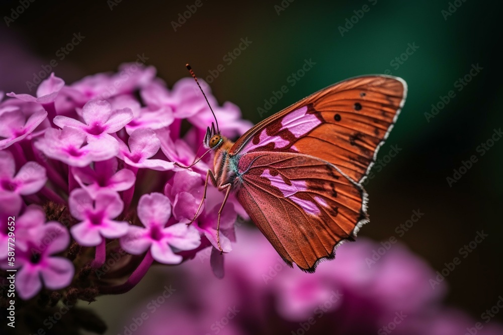 Poster a macro shot of a pink and helical butterfly resting on a flower in a garden in the summertime gener