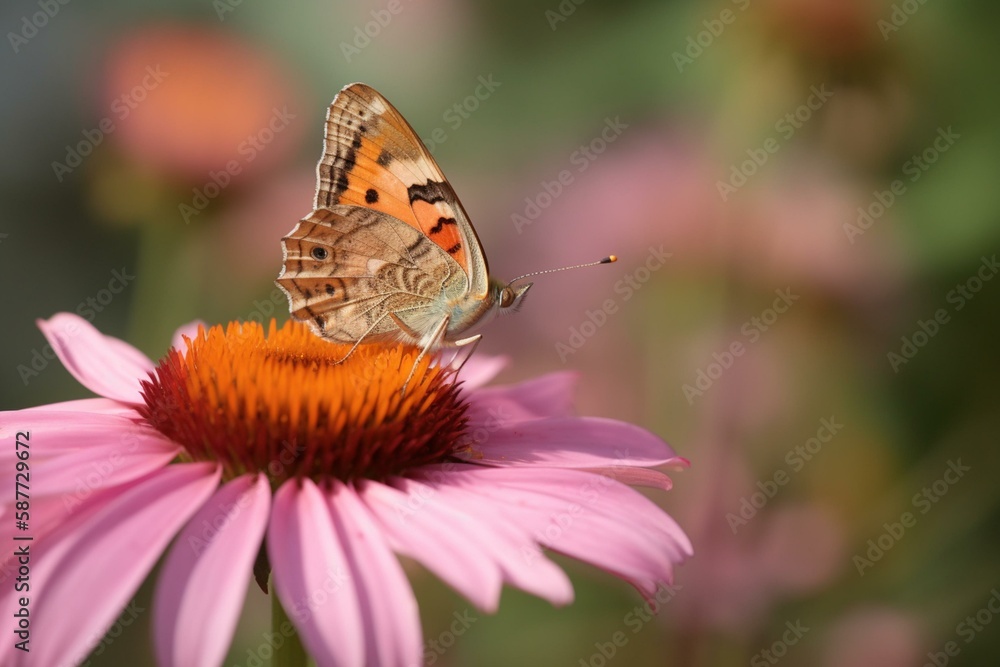 Poster a macro shot of a pink and helical butterfly resting on a flower in a garden in the summertime gener
