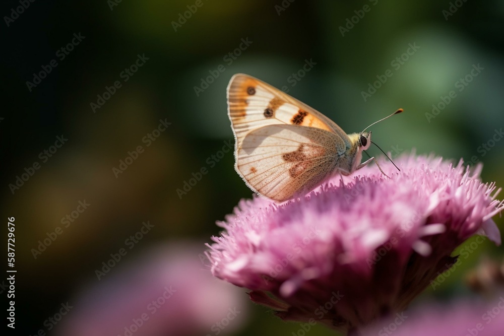 Poster a macro shot of a pink and helical butterfly resting on a flower in a garden in the summertime gener