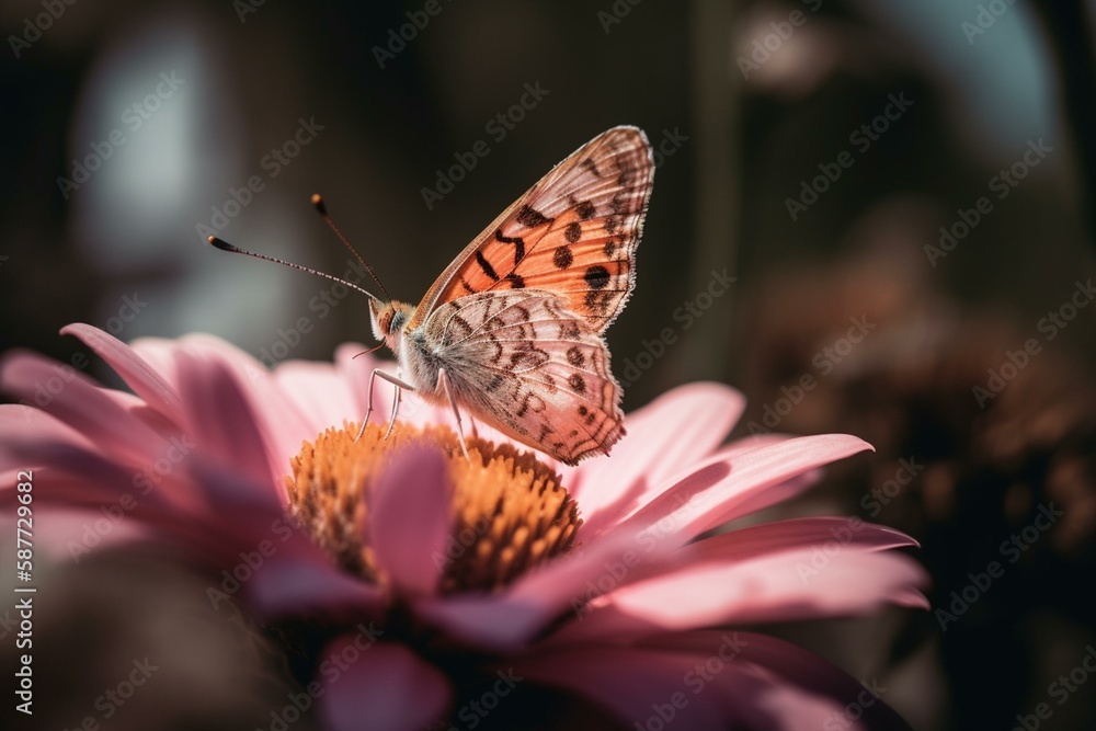 Poster a macro shot of a pink and helical butterfly resting on a flower in a garden in the summertime gener