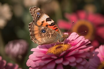 Fototapeta premium A macro shot of a pink and helical butterfly resting on a flower in a garden in the summertime Generative AI