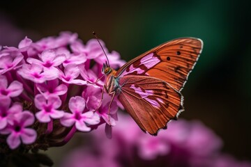 A macro shot of a pink and helical butterfly resting on a flower in a garden in the summertime Generative AI