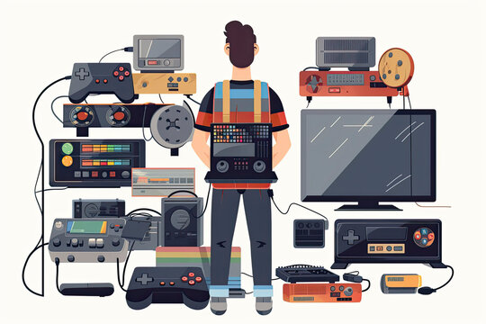 A big retro set of the 90s, 80s. Guy dancing and games, cassette, arkanoid