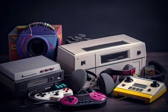 A big retro set of the 90s, 80s. Guy dancing and games, cassette, arkanoid