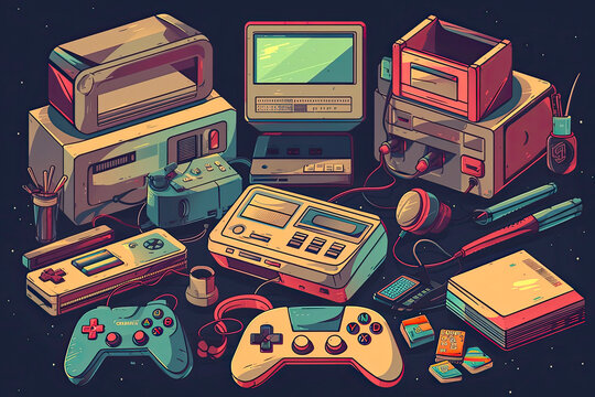 A big retro set of the 90s, 80s. Guy dancing and games, cassette, arkanoid