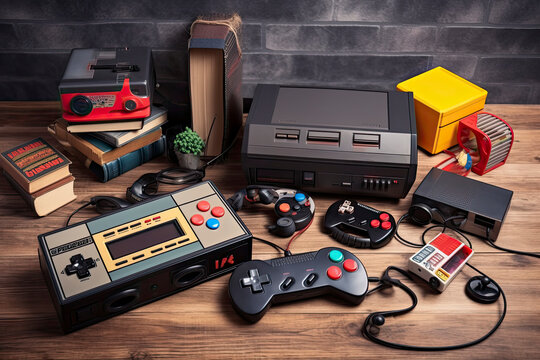 A big retro set of the 90s, 80s. Guy dancing and games, cassette, arkanoid