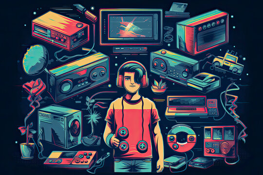 A big retro set of the 90s, 80s. Guy dancing and games, cassette, arkanoid