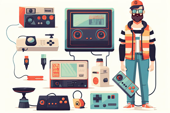 A big retro set of the 90s, 80s. Guy dancing and games, cassette, arkanoid