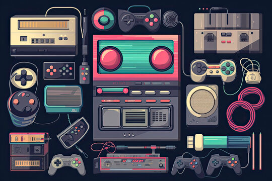A big retro set of the 90s, 80s. Guy dancing and games, cassette, arkanoid