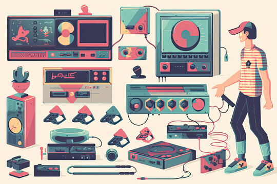 A big retro set of the 90s, 80s. Guy dancing and games, cassette, arkanoid