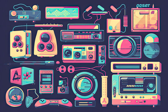 A big retro set of the 90s, 80s. Guy dancing and games, cassette, arkanoid