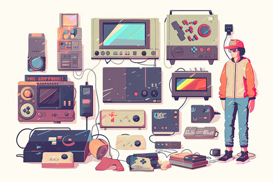 A big retro set of the 90s, 80s. Guy dancing and games, cassette, arkanoid