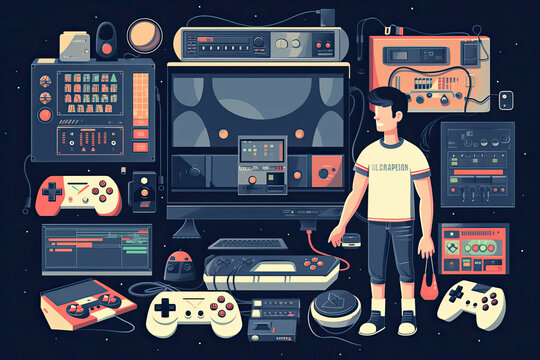 A big retro set of the 90s, 80s. Guy dancing and games, cassette, arkanoid