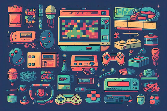 A big retro set of the 90s, 80s. Guy dancing and games, cassette, arkanoid