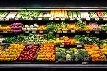 Obraz premium Fresh fruit on the shelves of a modern supermarket created with Generative AI technology.