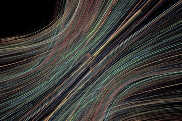 Multicolored pattern of crooked threads on a black background. Abstract fractal 3D rendering