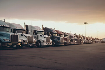 Different make big rigs semi trucks tractors with loaded semi trailers standing in the row on truck stop parking lot at early morning waiting for the route continuation time according to the log book - obrazy, fototapety, plakaty