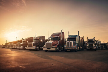 Different make big rigs semi trucks tractors with loaded semi trailers standing in the row on truck stop parking lot at early morning waiting for the route continuation time according to the log book