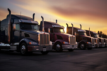 Different make big rigs semi trucks tractors with loaded semi trailers standing in the row on truck stop parking lot at early morning waiting for the route continuation time according to the log book
