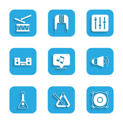Set Music note, tone, Triangle musical instrument, Stereo speaker, Megaphone, Balalaika, Home stereo with two speakers, Sound mixer controller and Drum drum sticks icon. Vector