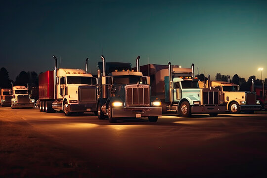 Different make big rigs semi trucks tractors with loaded semi trailers standing in the row on truck stop parking lot at early morning waiting for the route continuation time according to the log book