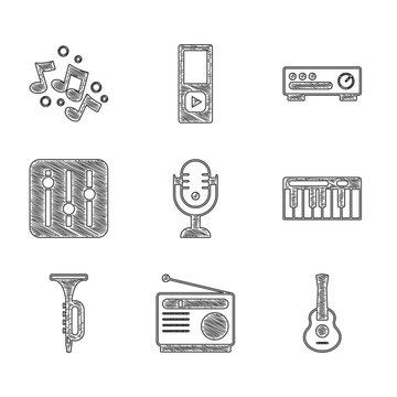 Set Microphone, Radio, Guitar, Music synthesizer, Trumpet, Sound mixer controller, and note, tone icon. Vector