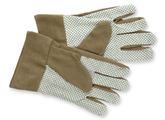 Gardening cloth green gloves, top view isolated on white background, spring concept for home gardening or vegetable garden and plant care.