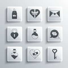 Set Healed broken heart or divorce, Key in shape, Heart speech bubble, Bottle with love potion, Castle the of, Please do not disturb and Envelope Valentine icon. Vector