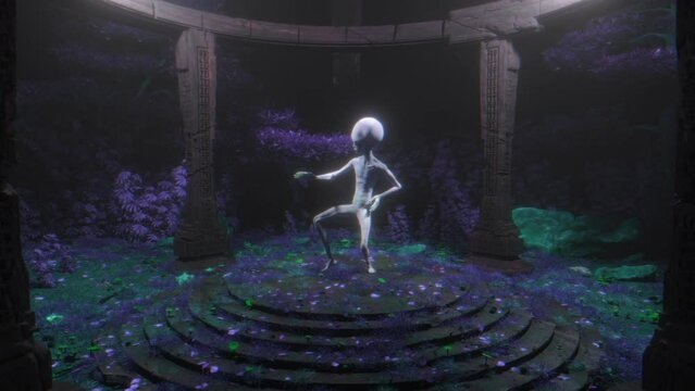 High BPM party in a forest Alien dancing in the middle weed trip UFO body 3D art vj loop Party background Cannabis Day 4k pattern