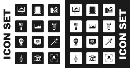Set Photo camera, retouching, Action extreme, flash, Empty photo studio, and icon. Vector