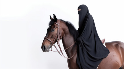 Fototapeta premium animal on the white Background beautiful arab girl in a burqa riding horse generative ai