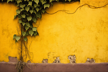 Yellow beautiful wall with ivy plant or hedera. Leaves foliage vine climbing the wall. Ai generated
