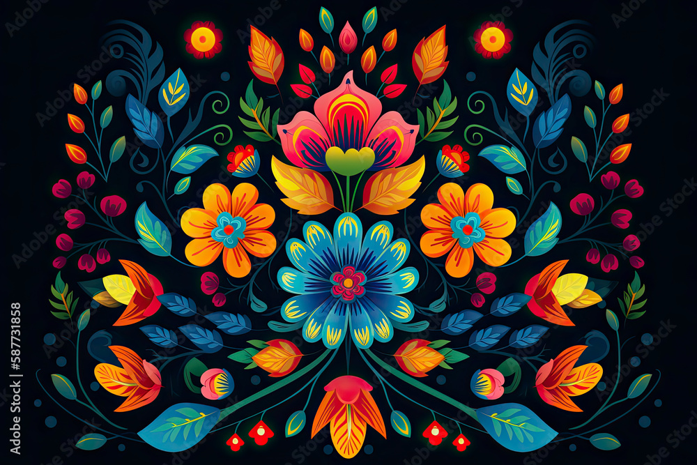 Wall mural mexican flower traditional pattern background. mexican ethnic embroidery decoration ornament