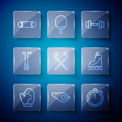 Set line Baseball glove, Whistle, Stopwatch, Dumbbell, Ice hockey sticks, Golf club, Skateboard trick and Roller skate icon. Vector
