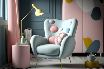 Light blue pastel armchair in the living room, style memphis, Generative AI