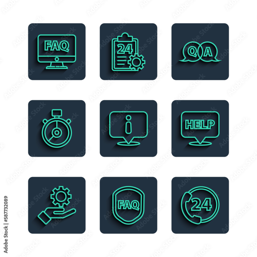 Poster set line settings in the hand, shield with text faq, telephone 24 hours support, question answer, in