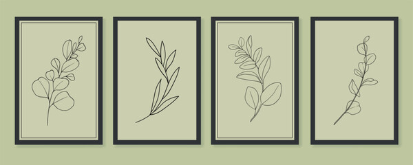 Outline doodle eucalyptus twigs leaves on yellow background in line art style. Greenery vector illustration in minimalist style.