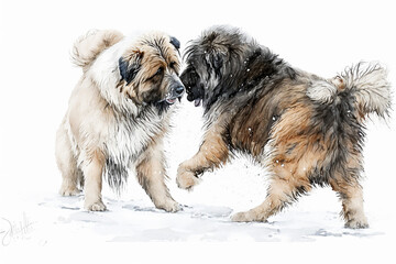 Naklejka na ściany i meble two dogs playing with snow,generative ai