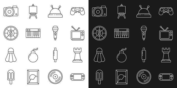 Set line Portable video game console, Business strategy, Retro tv, Needle bed and needles, Music synthesizer, Casino chips, Photo camera and Microphone icon. Vector