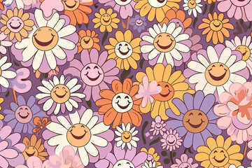 Retro floral Seamless pattern with 70s, 80s vibes groovy elements. Stickers nostalgia cartoon funky flower power