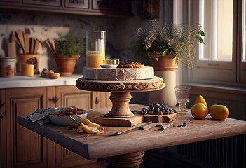 Fototapeta na wymiar Wooden pedestal on table in kitchen interior with food ingredients. Generative AI
